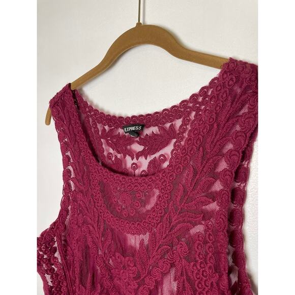 Express Sheer Lace Top Womens Medium Embroidered Whimsical Fairy Burgundy Blouse - Picture 3 of 12